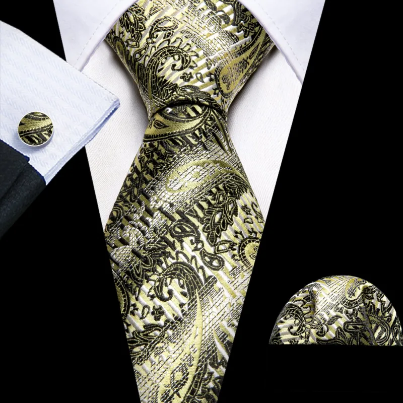 Barry Wang Black Silver Paisley Silk Tie Pocket Square Cufflinks Set sold by Barrywang