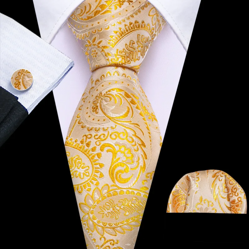 Barry. Wang Light Orange Silver Paisley Tie Handkerchief Cufflinks Set sold by Barrywang