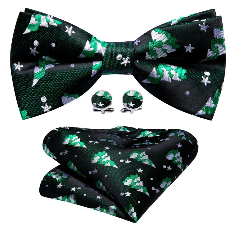 Christmas Green White Xmas Tree Silk Bow Tie Hanky Cufflinks Set sold by Barrywang