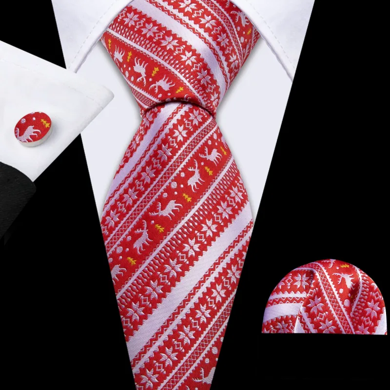 Barry Wang Christmas Red Silver Elk Floral Silk Tie Handkerchief Cufflinks Set sold by Barrywang