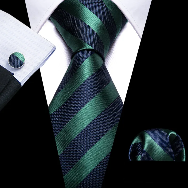 Barry. Wang Navy Blue Green Striped Tie Handkerchief Cufflinks Set made by Barrywang