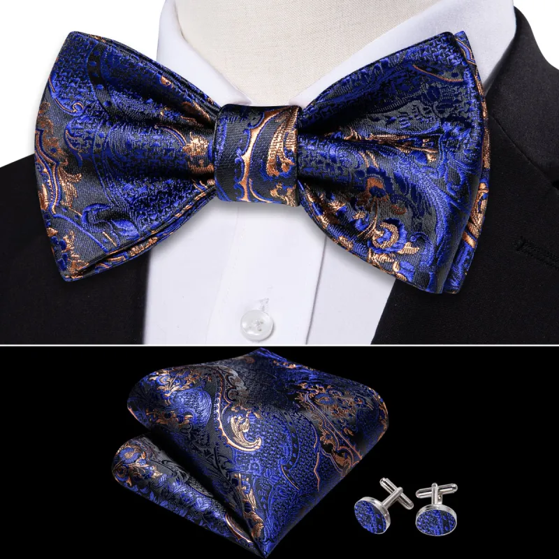 Barry Wang Blue Brown Paisley Silk Self Tie Bow Tie Hanky Cufflinks Set sold by Barrywang
