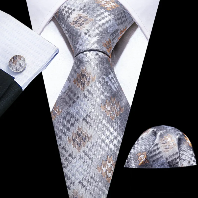 Grey Silver Plaid Silk Tie Handkerchief Cufflinks Set sold by Barrywang