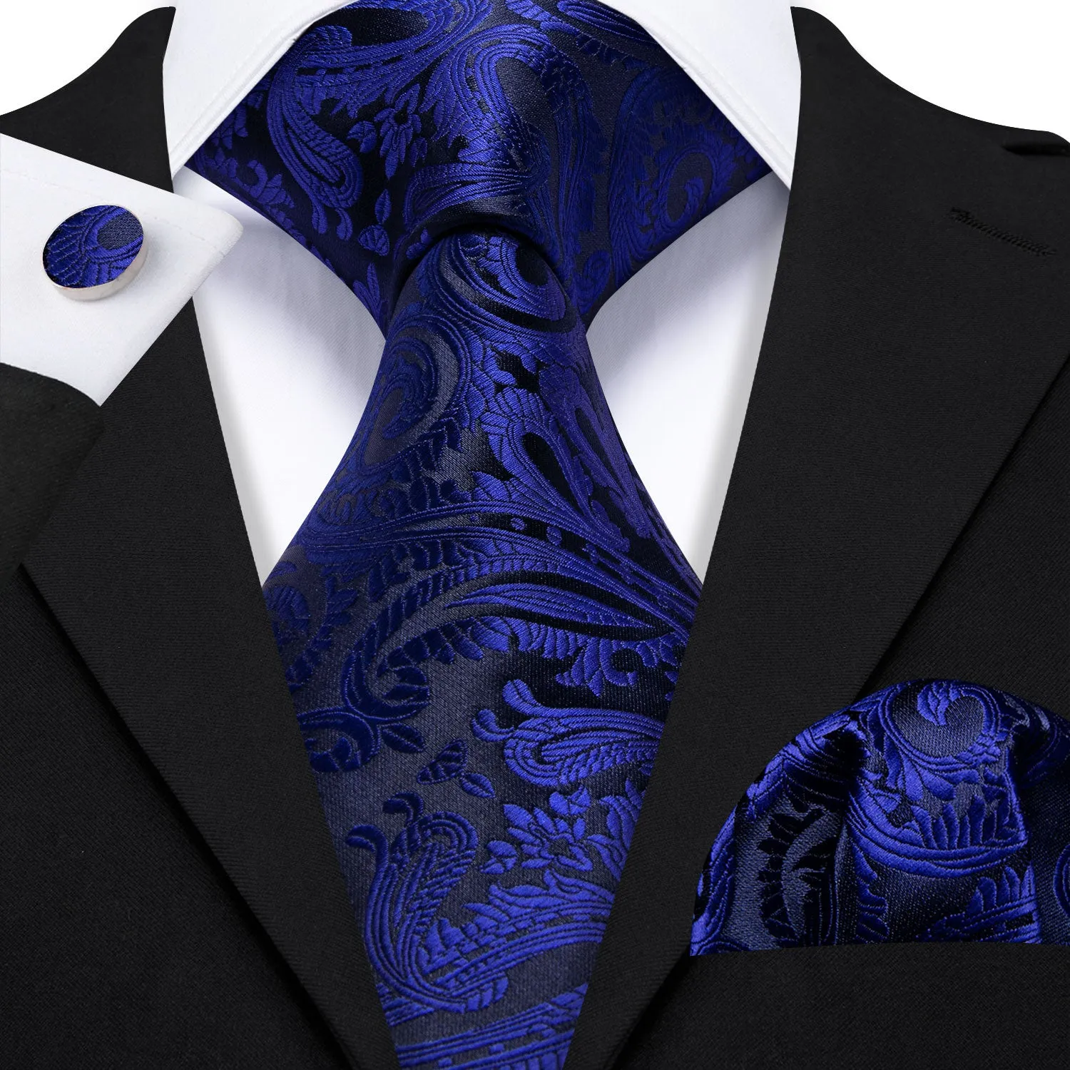Barry Wang Blue Black Paisley Silk Men's Tie Handkerchief Cufflinks Set sold by Barrywang product image thumbnail 2