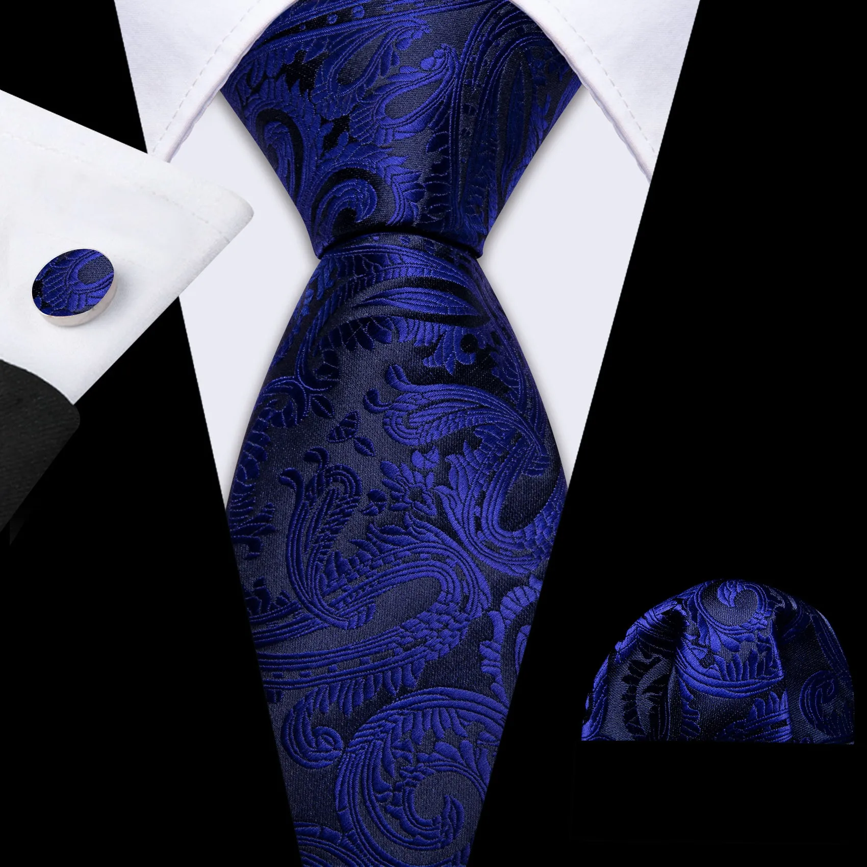 Barry Wang Blue Black Paisley Silk Men's Tie Handkerchief Cufflinks Set sold by Barrywang