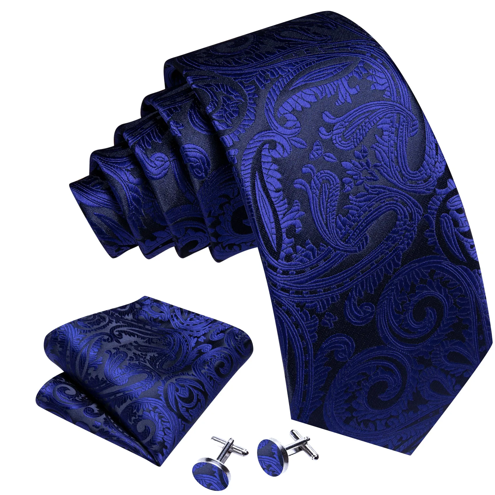 Barry Wang Blue Black Paisley Silk Men's Tie Handkerchief Cufflinks Set sold by Barrywang product image thumbnail 3
