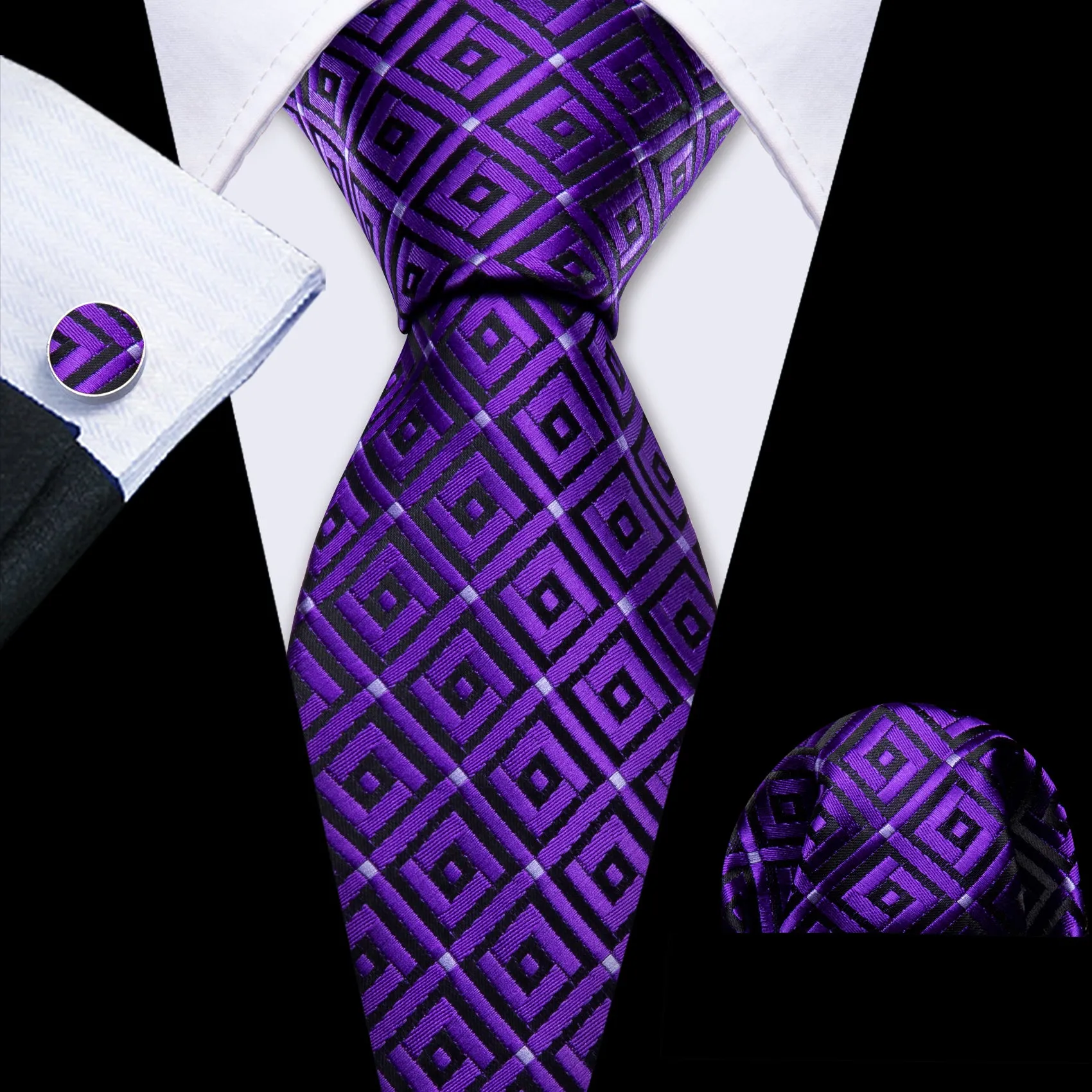 Barry Wang Hyacinth Purple Plaid Silk Tie Handkerchief Cufflinks Set sold by Barrywang