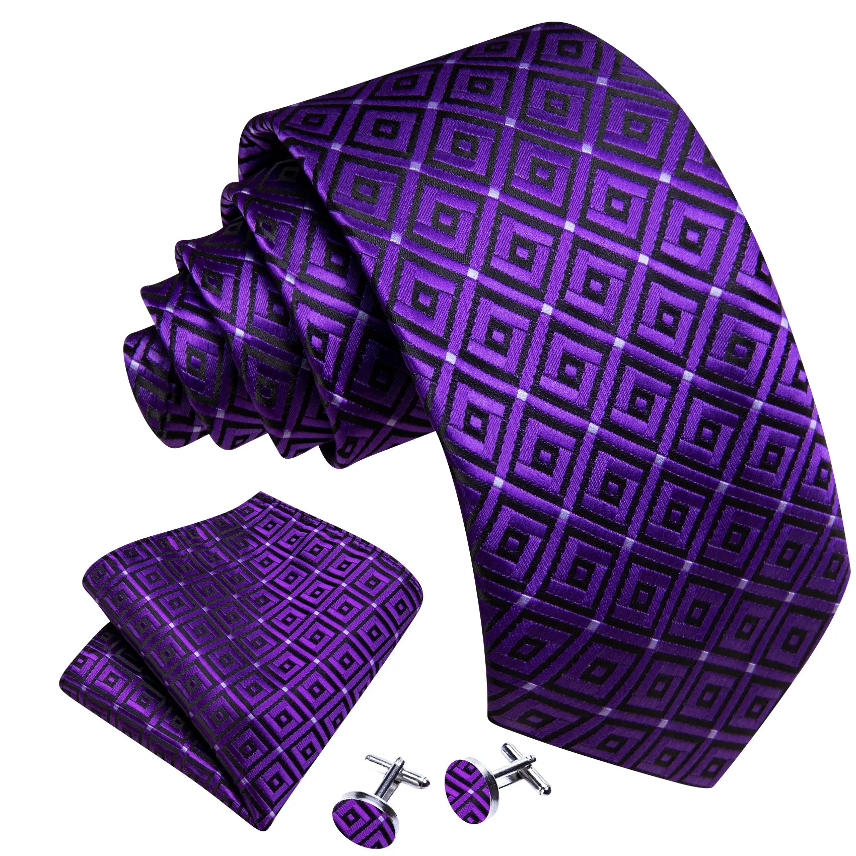 Barry Wang Hyacinth Purple Plaid Silk Tie Handkerchief Cufflinks Set sold by Barrywang product image thumbnail 3