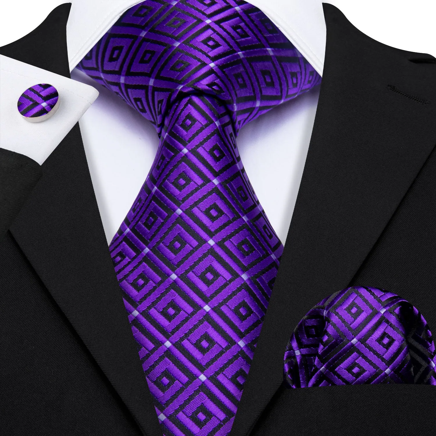 Barry Wang Hyacinth Purple Plaid Silk Tie Handkerchief Cufflinks Set sold by Barrywang product image thumbnail 2