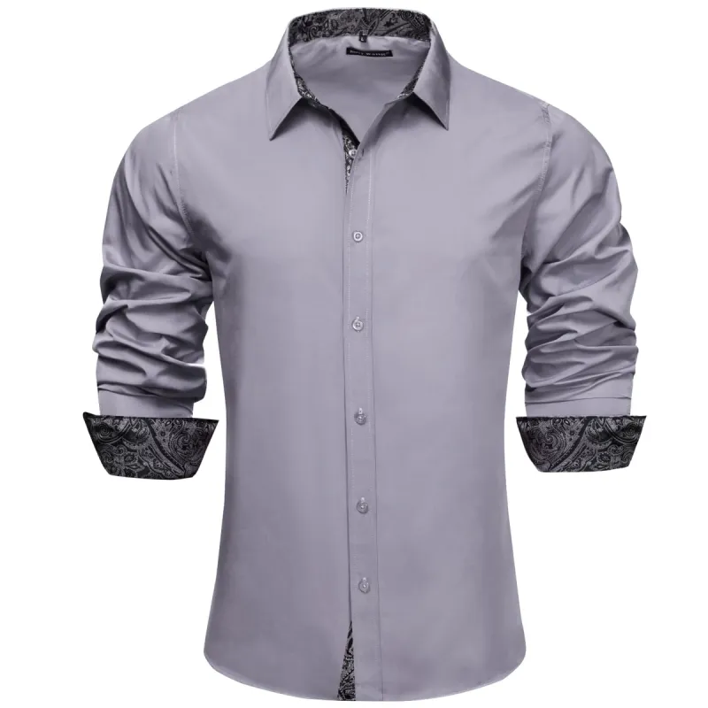 Barry Wang Grey Patchwork Button Up Shirt with Black Paisley Cuffs sold by Barrywang