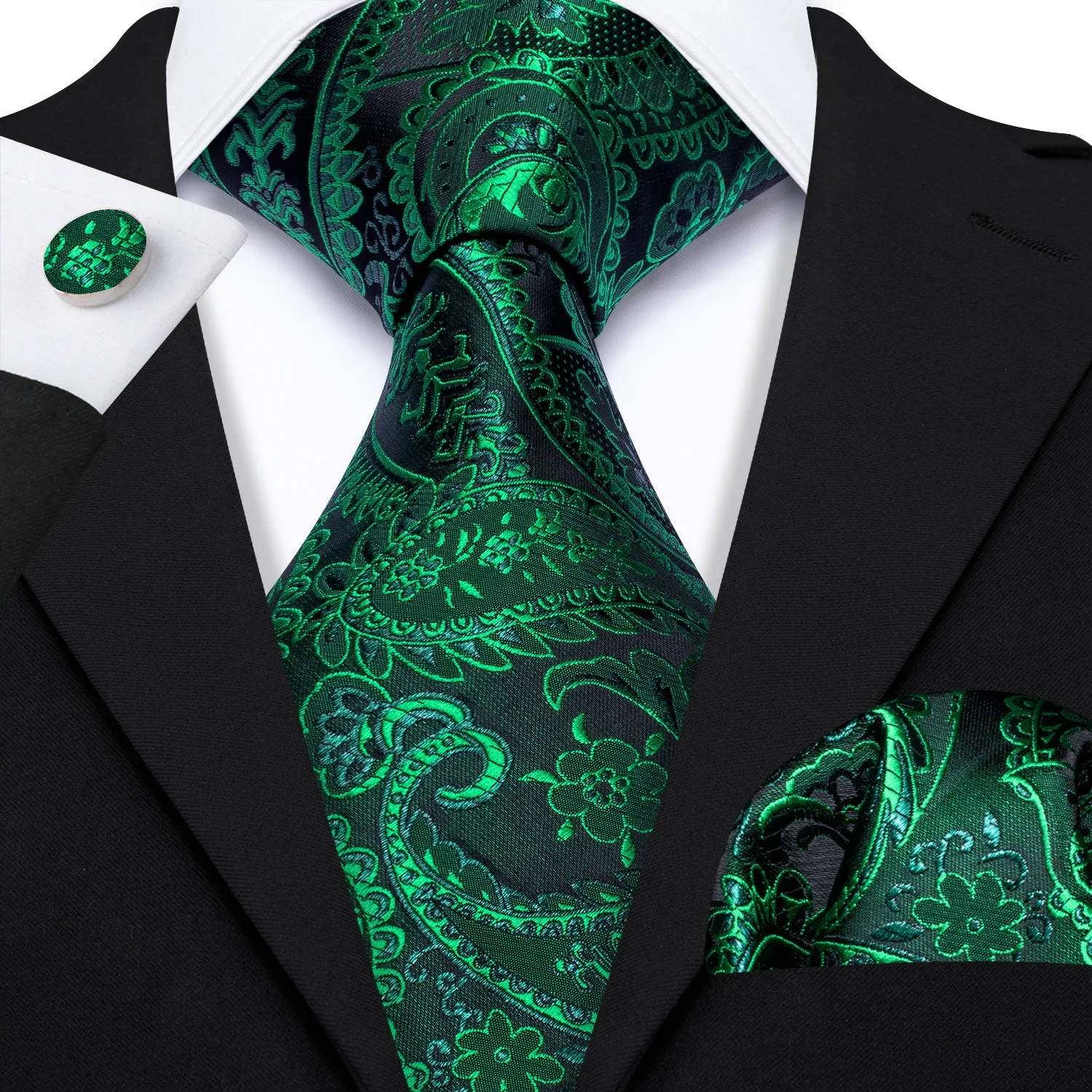 Barry Wang Green Tie Paisley Necktie Handkerchief Cufflinks Set sold by Barrywang product image thumbnail 2