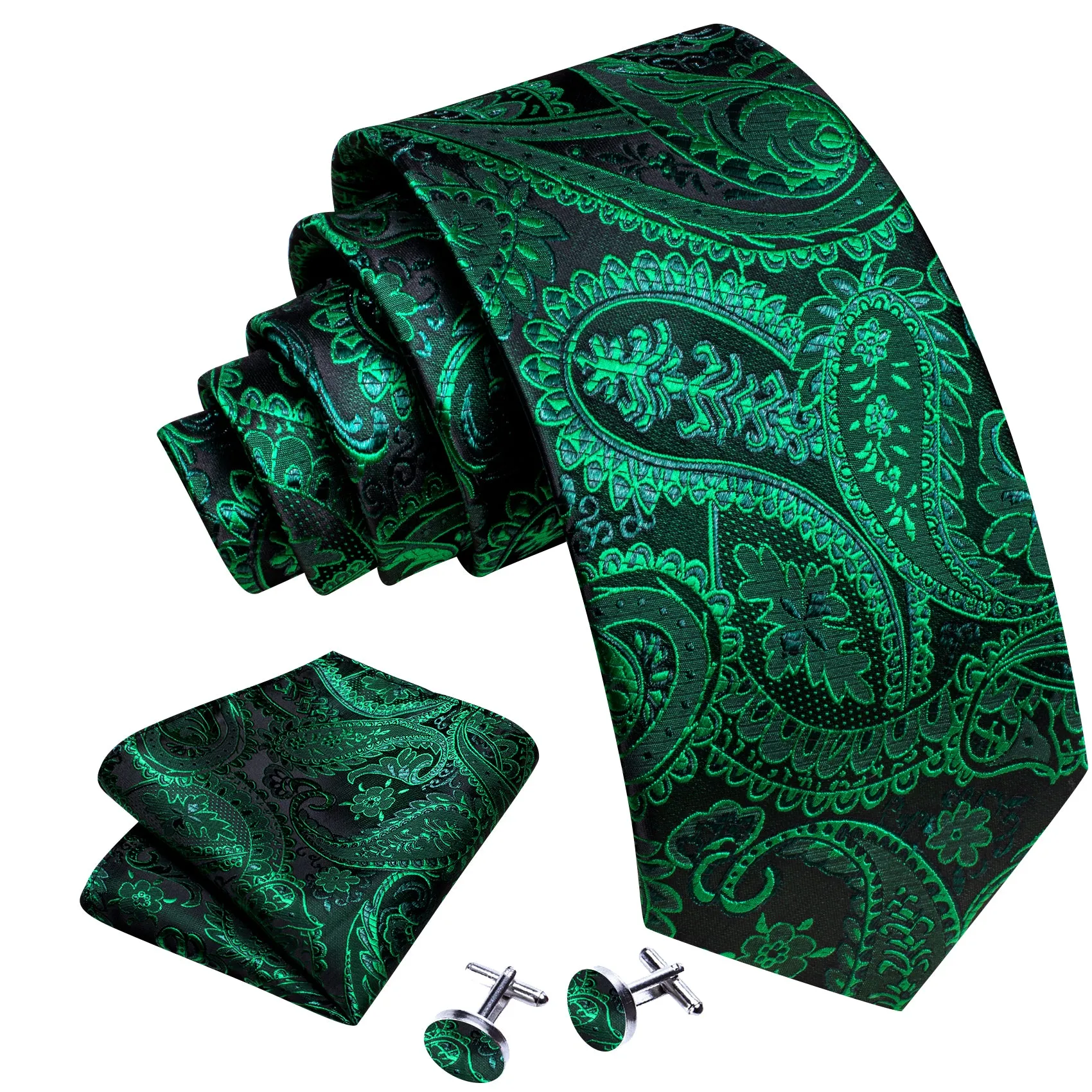 Barry Wang Green Tie Paisley Necktie Handkerchief Cufflinks Set sold by Barrywang product image thumbnail 3