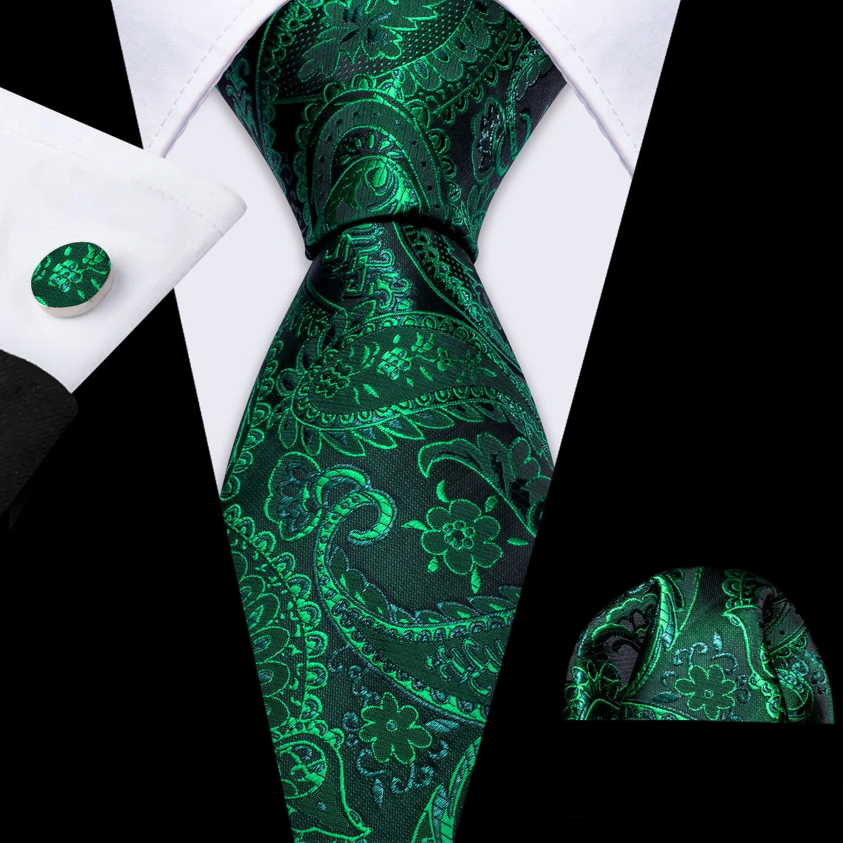 Barry Wang Green Tie Paisley Necktie Handkerchief Cufflinks Set sold by Barrywang