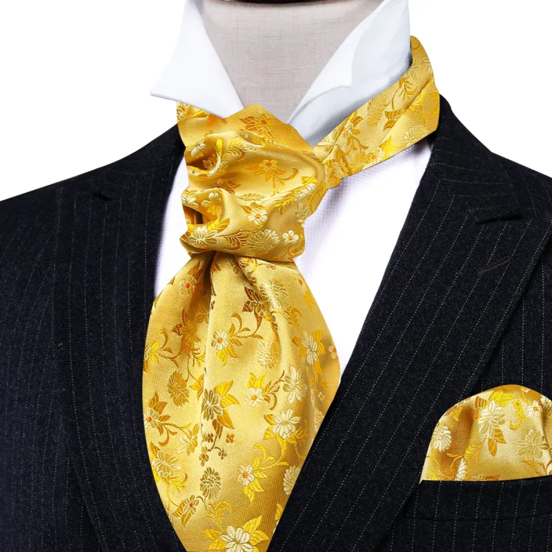Barry Wang Yellow Neck Tie Floral Ascot Tie Handkerchief Cufflinks Set sold by Barrywang