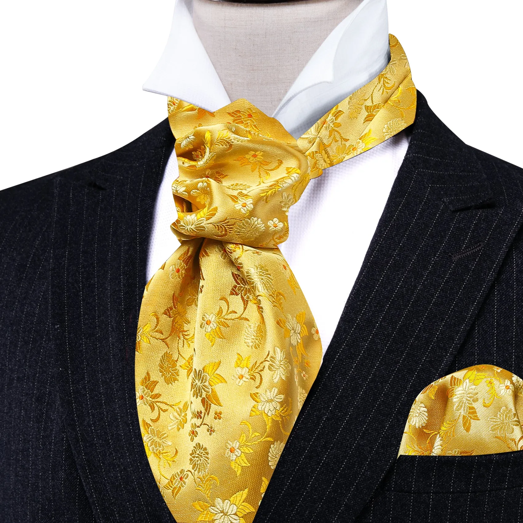 Barry Wang Yellow Neck Tie Floral Ascot Tie Handkerchief Cufflinks Set sold by Barrywang