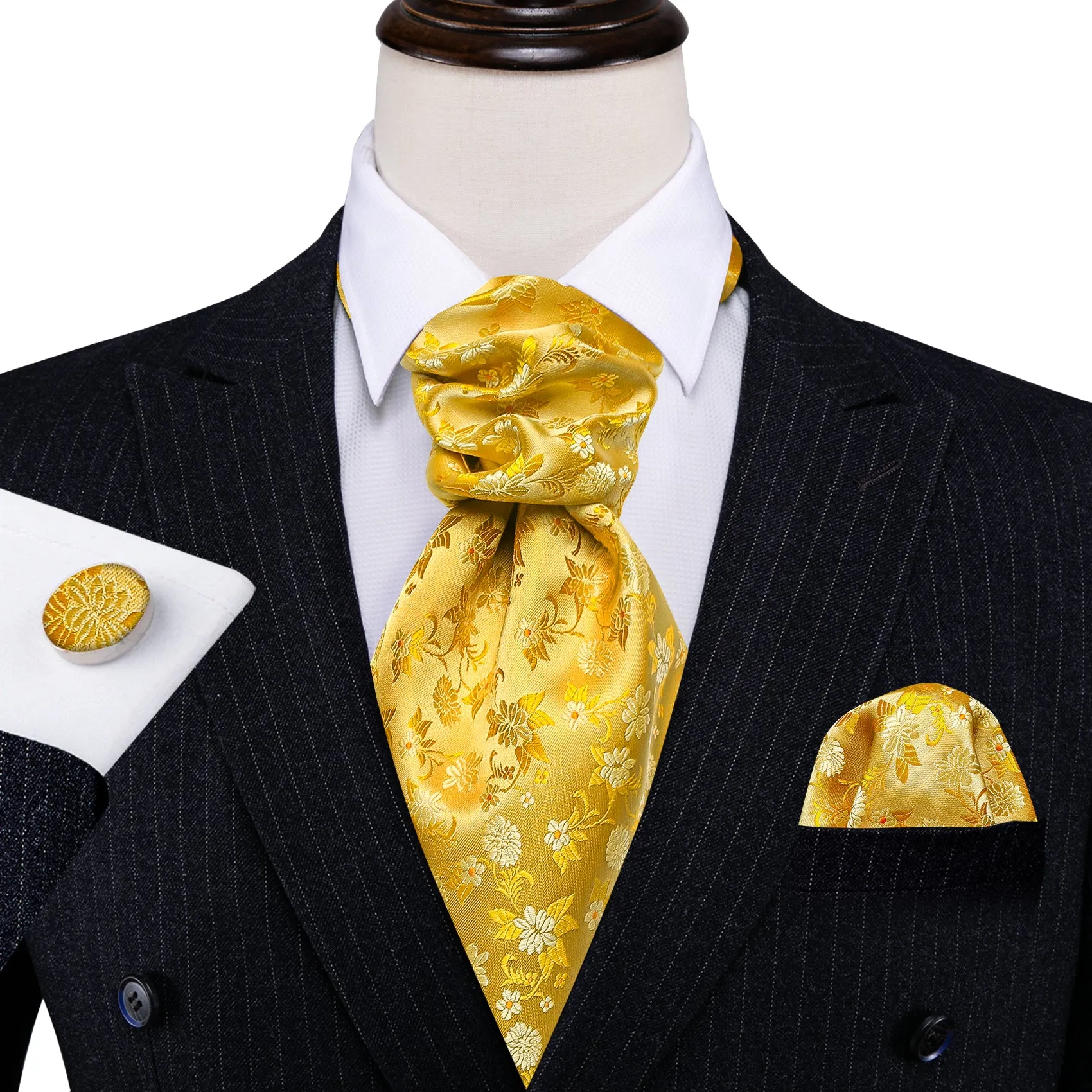 Barry Wang Yellow Neck Tie Floral Ascot Tie Handkerchief Cufflinks Set sold by Barrywang product image thumbnail 5