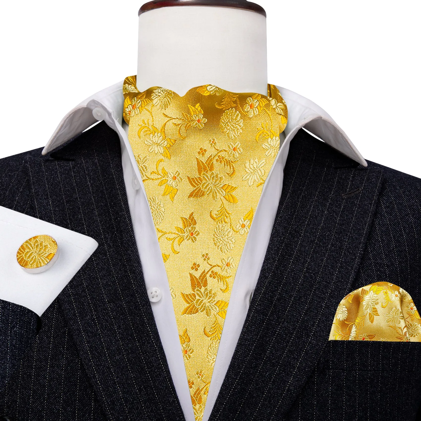 Barry Wang Yellow Neck Tie Floral Ascot Tie Handkerchief Cufflinks Set sold by Barrywang product image thumbnail 4