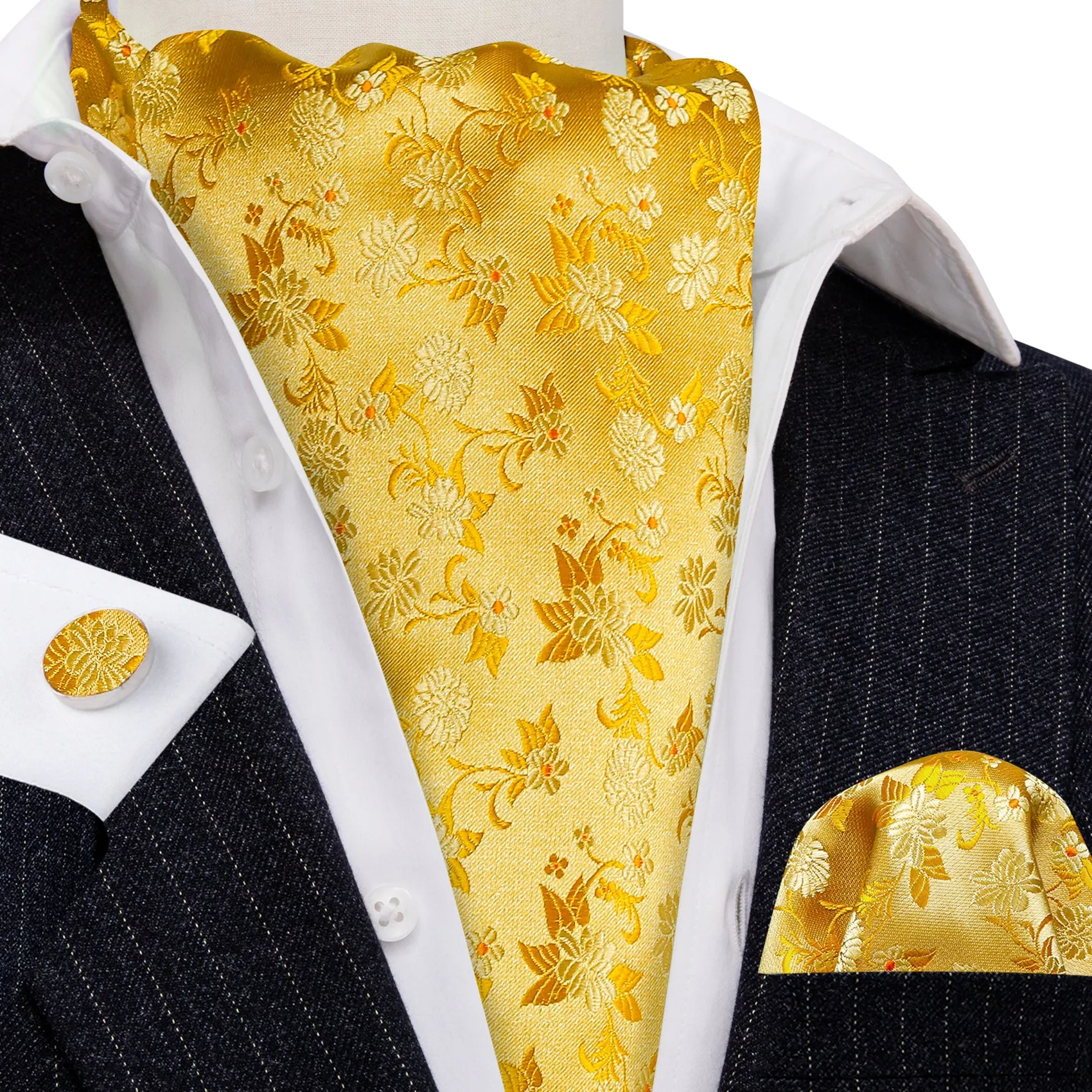 Barry Wang Yellow Neck Tie Floral Ascot Tie Handkerchief Cufflinks Set sold by Barrywang product image thumbnail 3