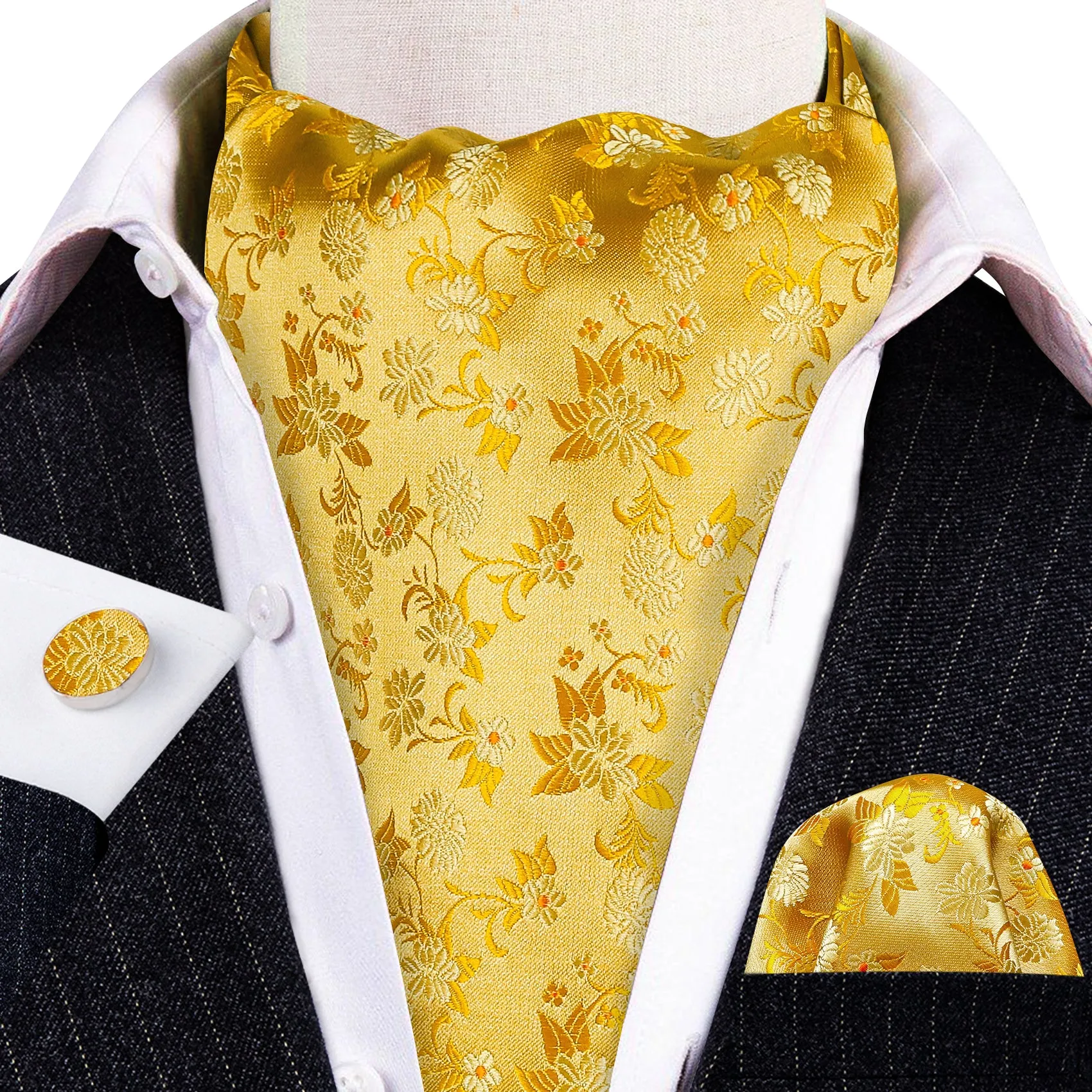 Barry Wang Yellow Neck Tie Floral Ascot Tie Handkerchief Cufflinks Set sold by Barrywang product image thumbnail 2