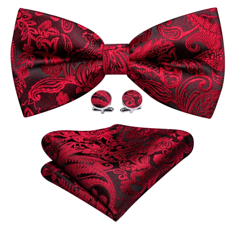Barry Wang Black Red Paisley Pre-tied Mens Bow Tie Hanky Cufflinks Set sold by Barrywang