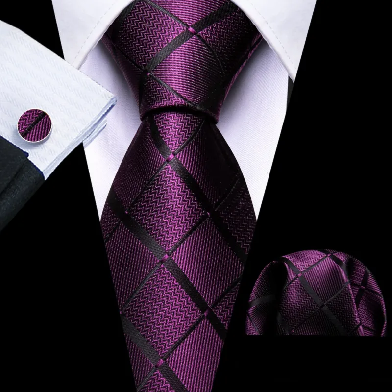 Barry Wang Dark Purple Tie Black Checkered Men's Wedding Necktie Set sold by Barrywang