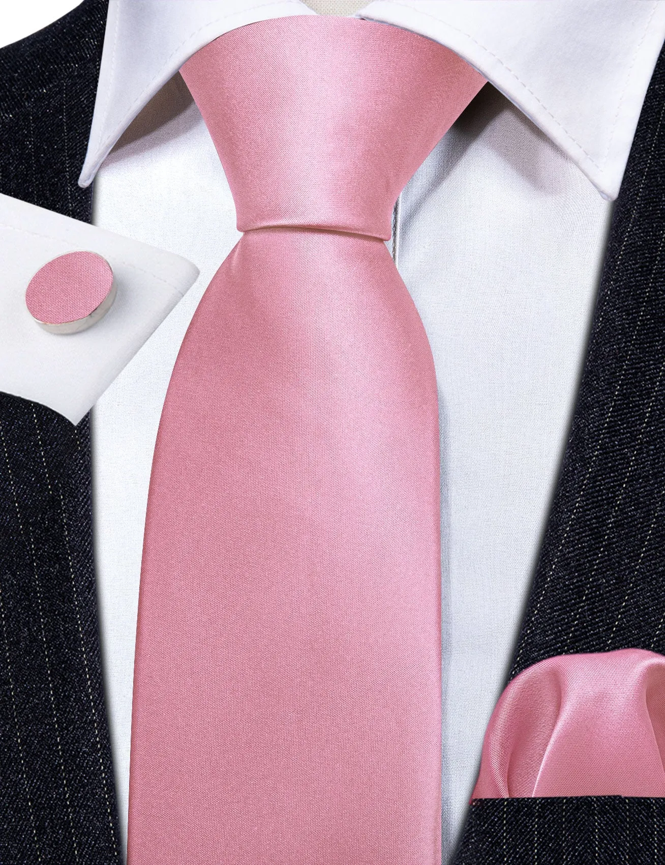 Barry Wang Light Pink Solid Silk Groom Tie Handkerchief Cufflinks Set sold by Barrywang product image thumbnail 4
