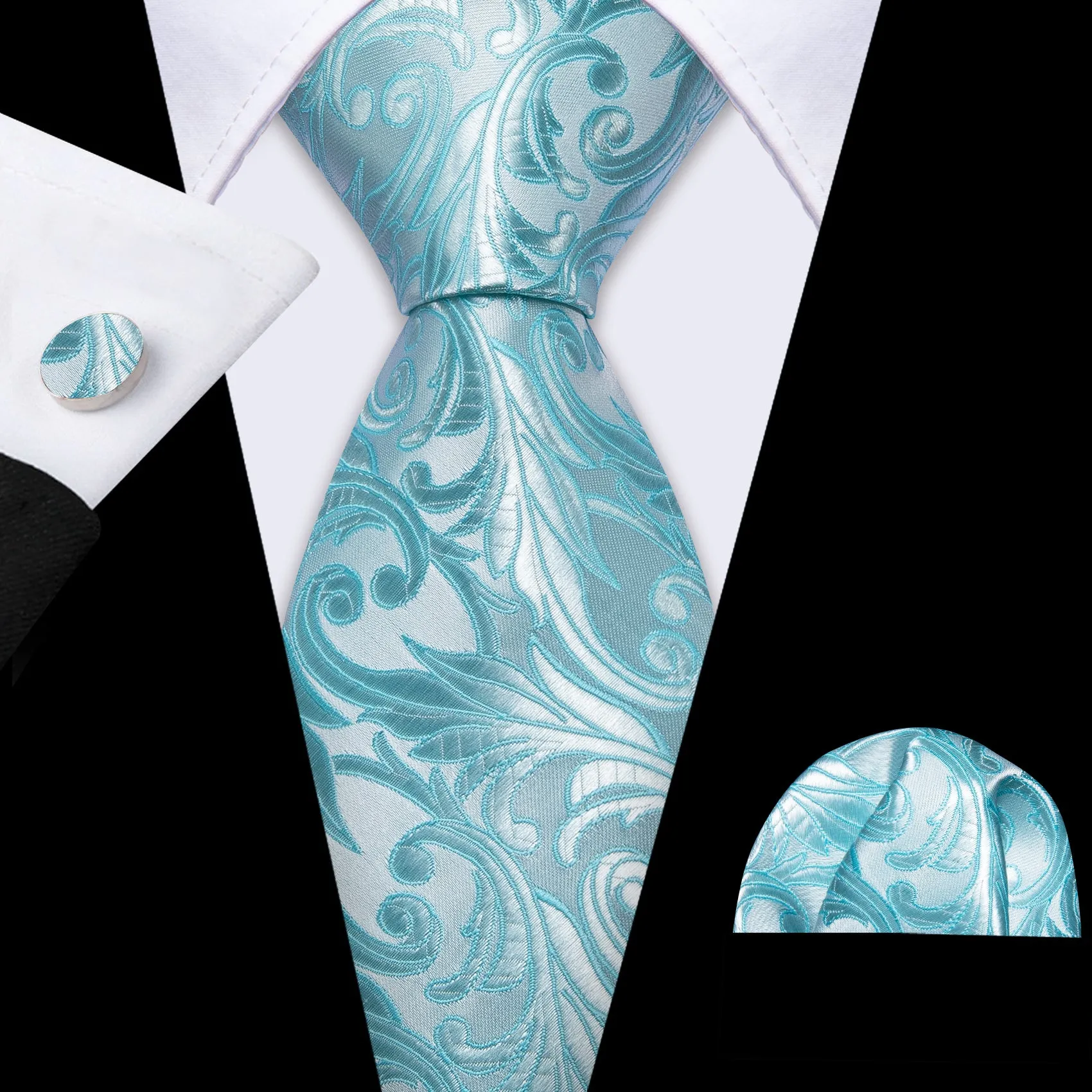 Barry.wang Floral Tie Sea Foam Silk Men's Tie Hanky Cufflinks Set sold by Barrywang