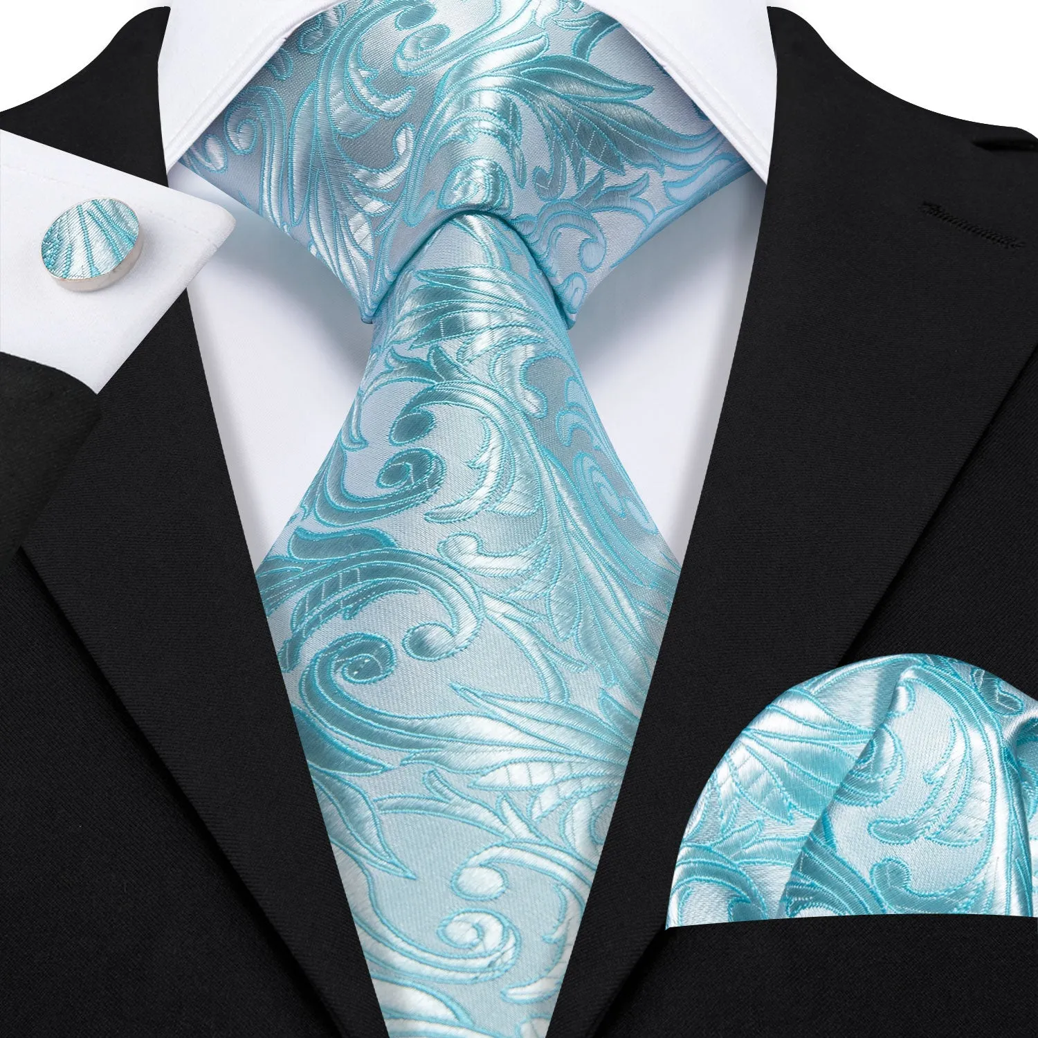 Barry.wang Floral Tie Sea Foam Silk Men's Tie Hanky Cufflinks Set sold by Barrywang product image thumbnail 2