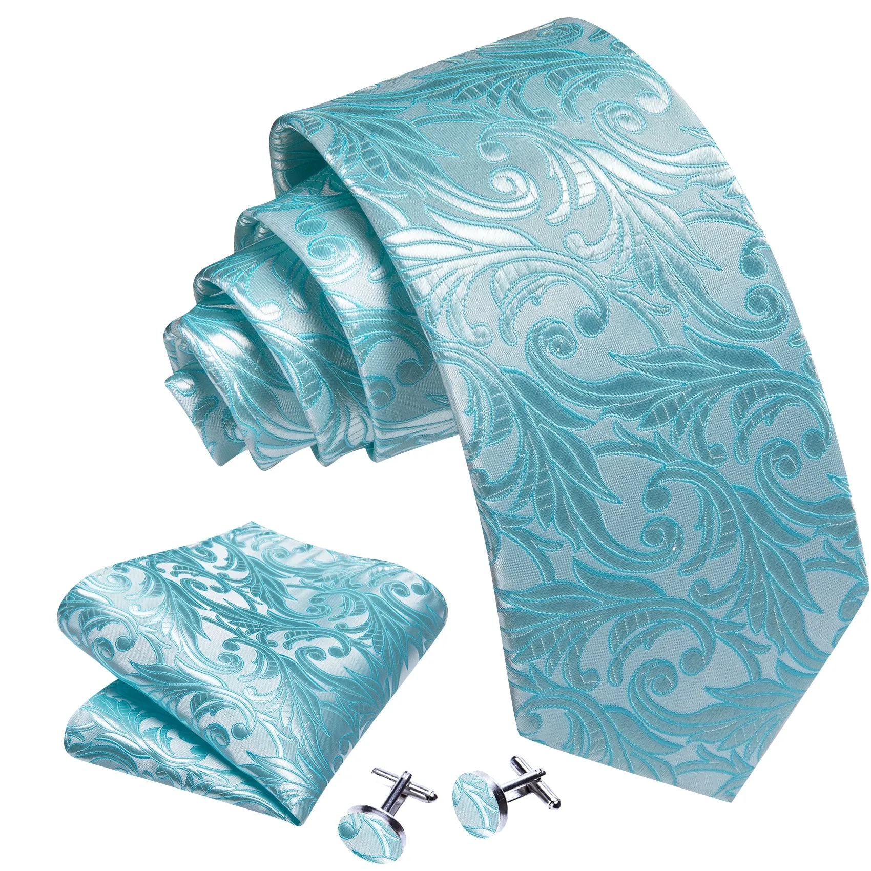Barry.wang Floral Tie Sea Foam Silk Men's Tie Hanky Cufflinks Set sold by Barrywang product image thumbnail 3