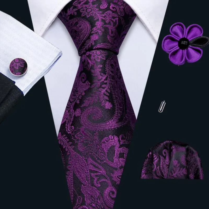 Barry. Wang Black Purple Paisley Tie Set 8.5cm Neckties with Brooches sold by Barrywang
