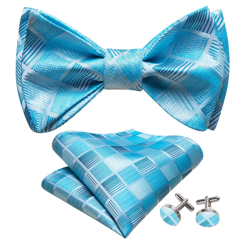 Barry. Wang Sky Blue Plaid Self Tie Bow Tie Hanky Cufflinks Set sold by Barrywang