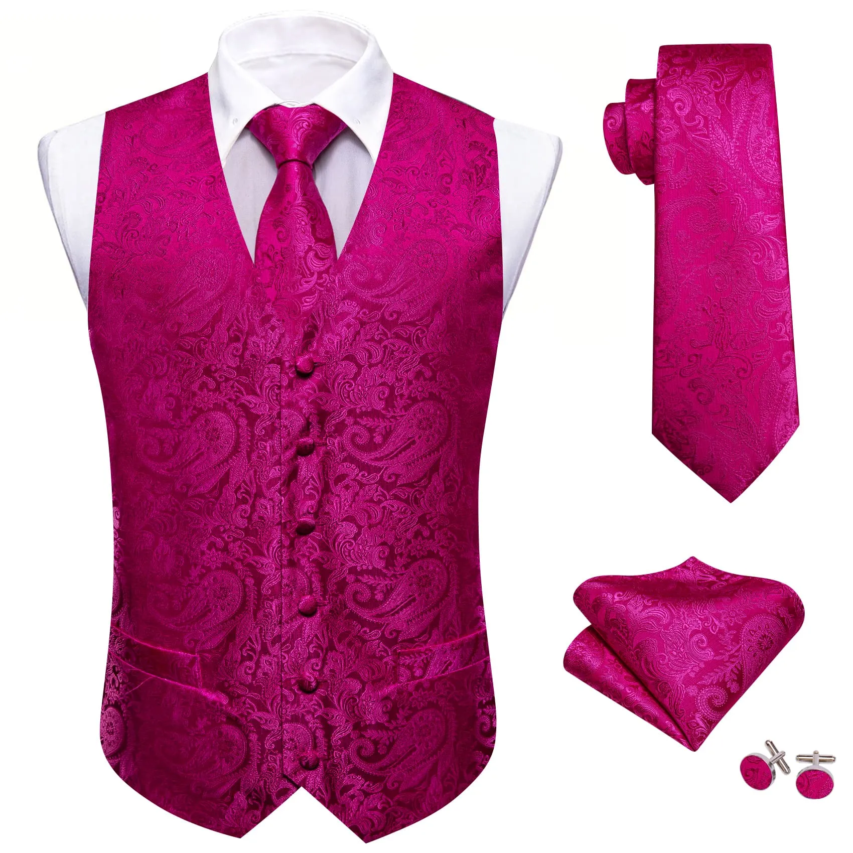 Barry. Wang Deep Pink Paisley Wedding Vest V-Neck Silk Suit Waistcoat sold by Barrywang product image thumbnail 2
