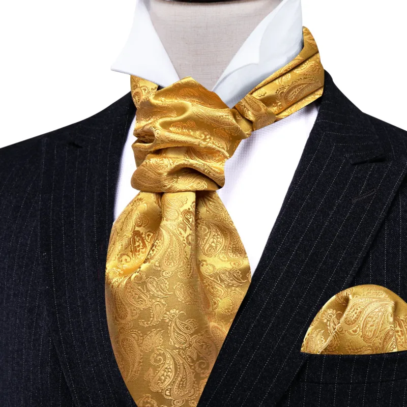 Barry. Wang Gold Yellow Paisley Silk Ascot Handkerchief Cufflinks made by Barrywang