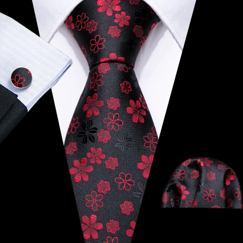 Barry Wang Floral Ties Black Red Flower Silk Tie Hanky Cufflinks Set sold by Barrywang