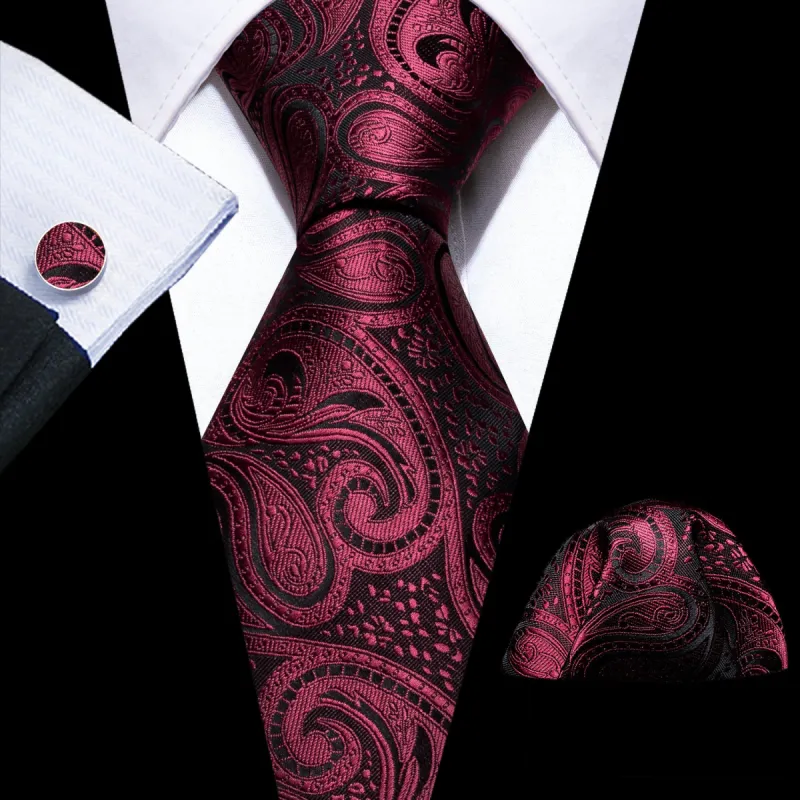 Barry Wang Formal Red Black Paisley Silk Tie Handkerchief Cufflinks Set sold by Barrywang