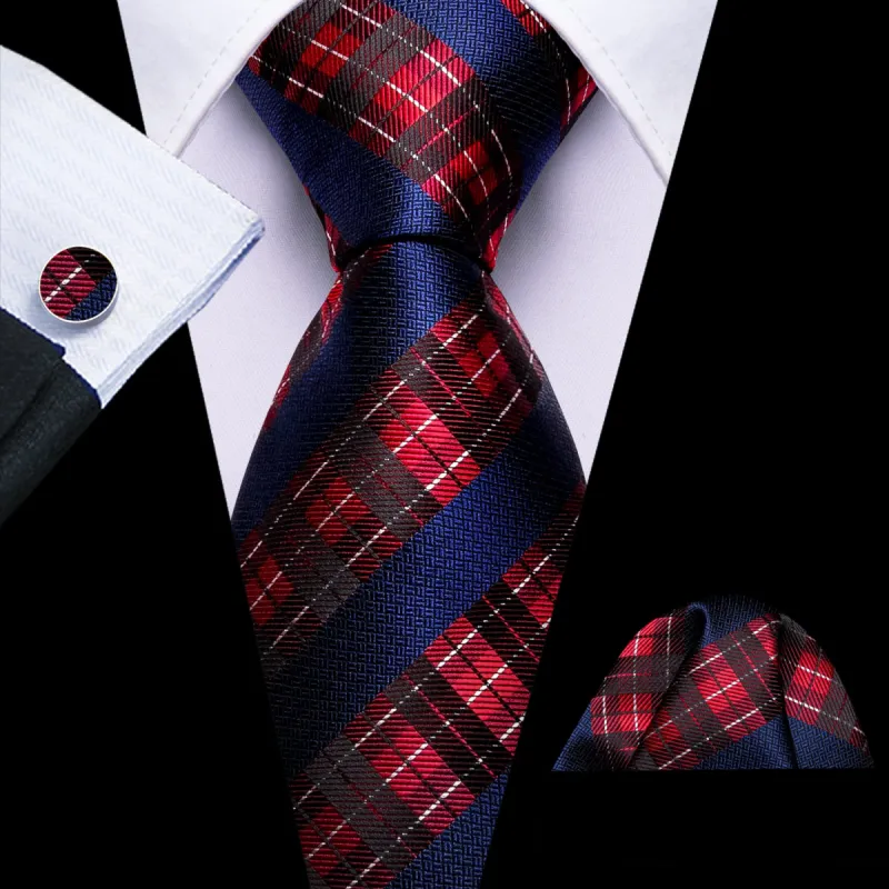 Barry. Wang Dark Blue Tie Red White Checkered Tie Hanky Cufflinks Set sold by Barrywang
