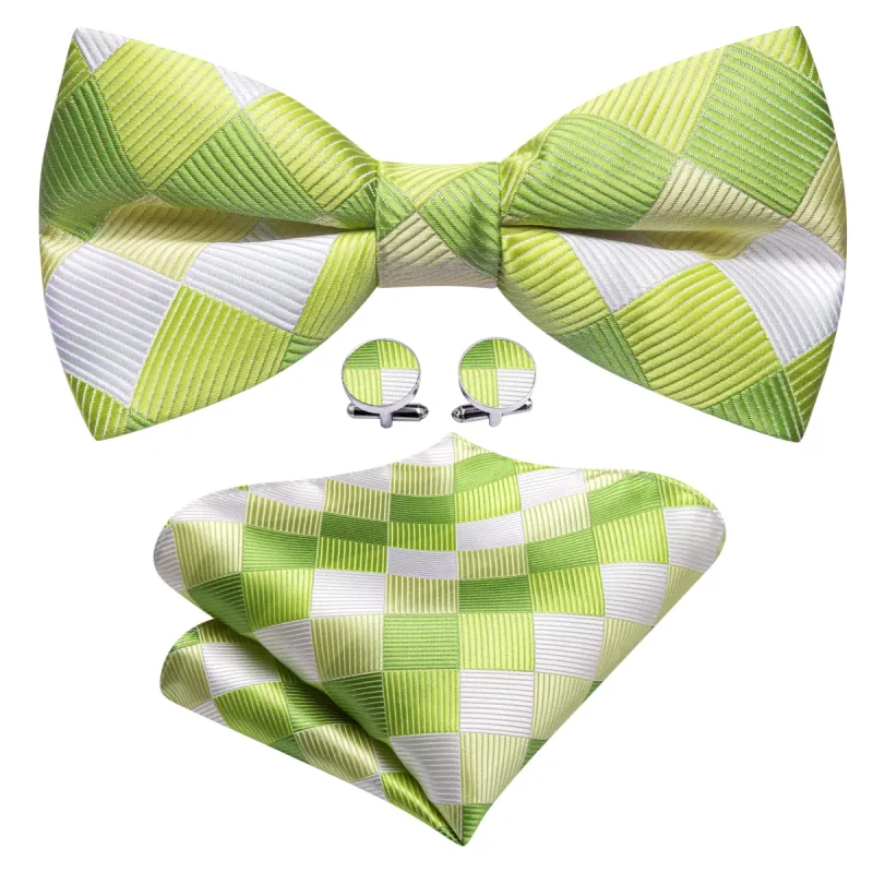 Green White Plaid Silk Pre Tied Bow Tie Hanky Cufflinks Set sold by Barrywang
