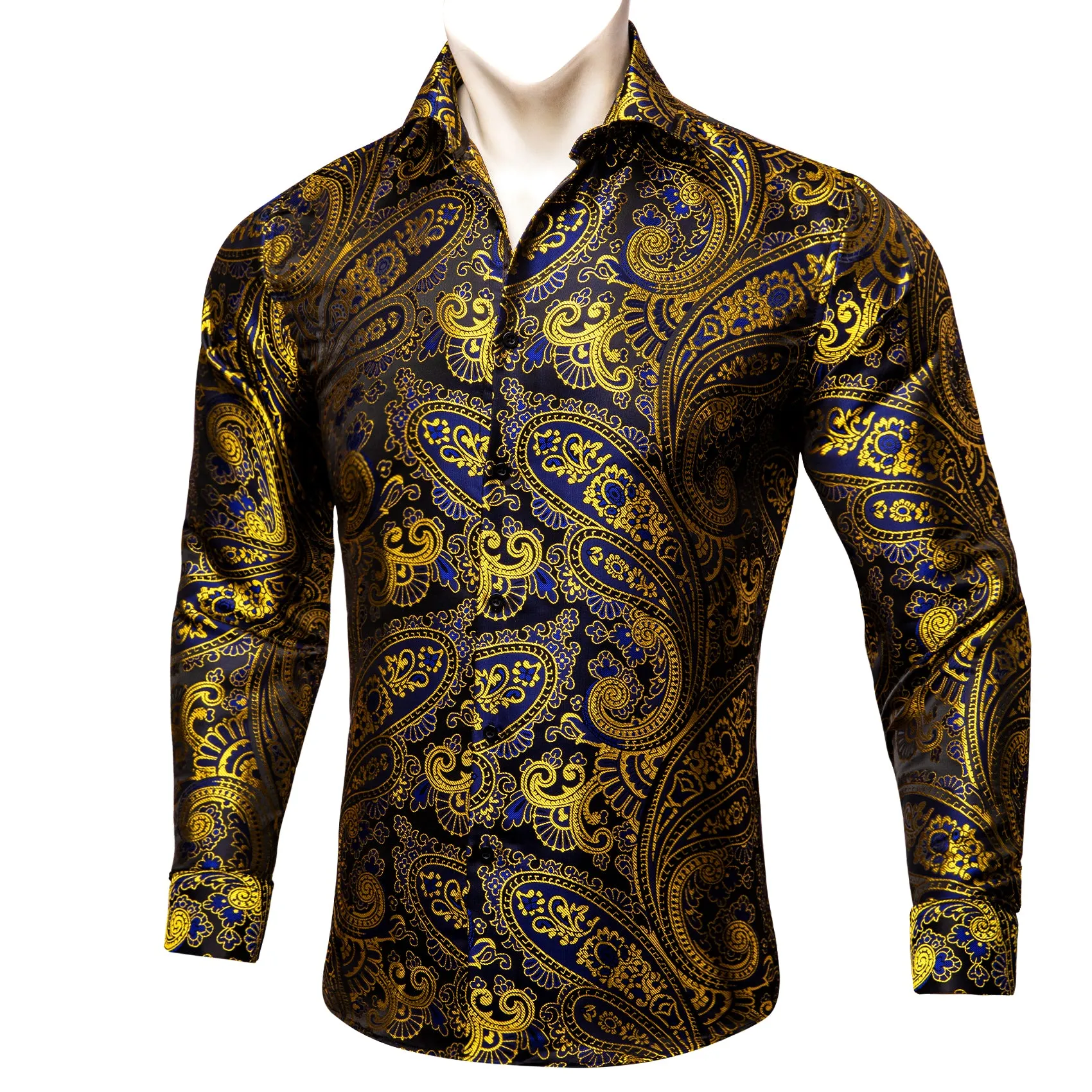 Barry Wang Gold Blue Black Paisley Pattern Silk Men's Formal Shirt sold by Barrywang