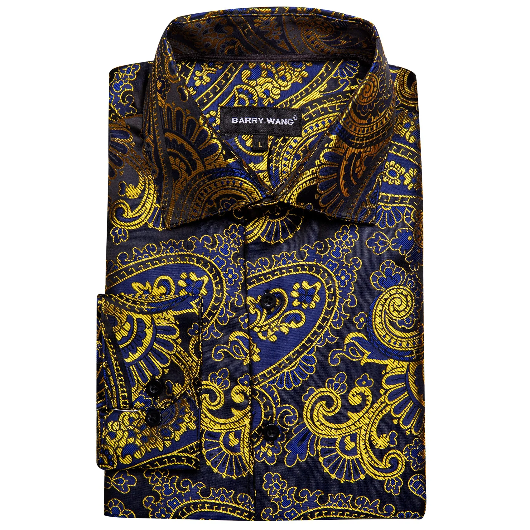 Barry Wang Gold Blue Black Paisley Pattern Silk Men's Formal Shirt sold by Barrywang product image thumbnail 5