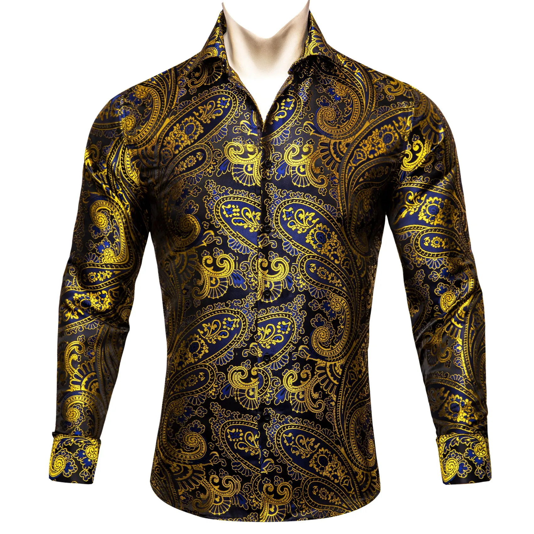 Barry Wang Gold Blue Black Paisley Pattern Silk Men's Formal Shirt sold by Barrywang product image thumbnail 4