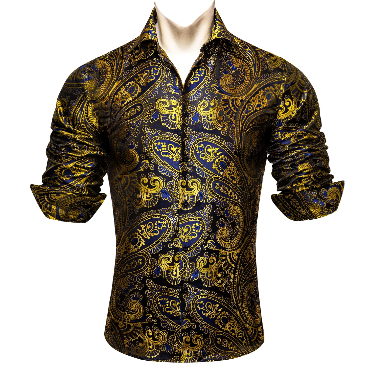 Barry Wang Gold Blue Black Paisley Pattern Silk Men's Formal Shirt sold by Barrywang product image thumbnail 3