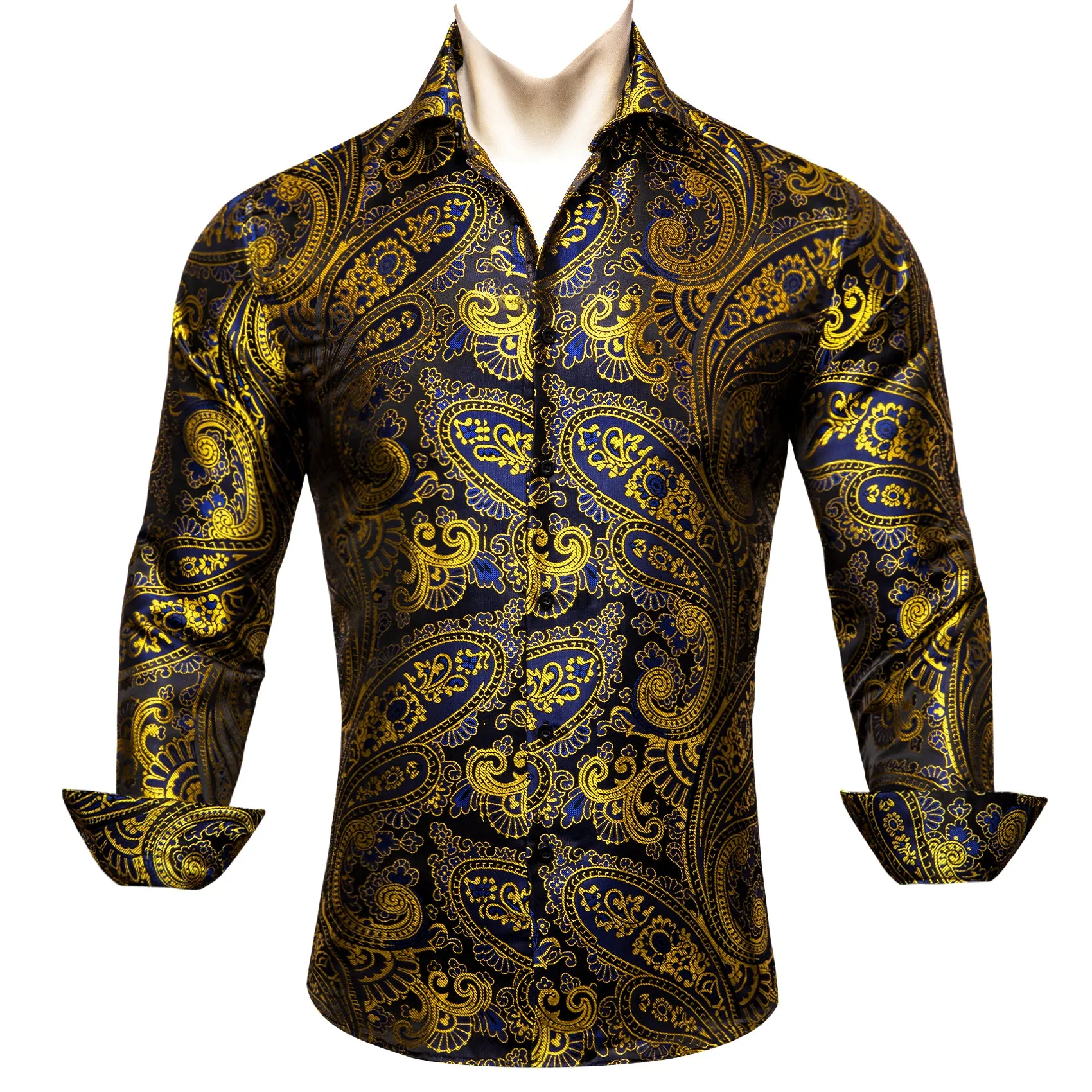 Barry Wang Gold Blue Black Paisley Pattern Silk Men's Formal Shirt sold by Barrywang product image thumbnail 2