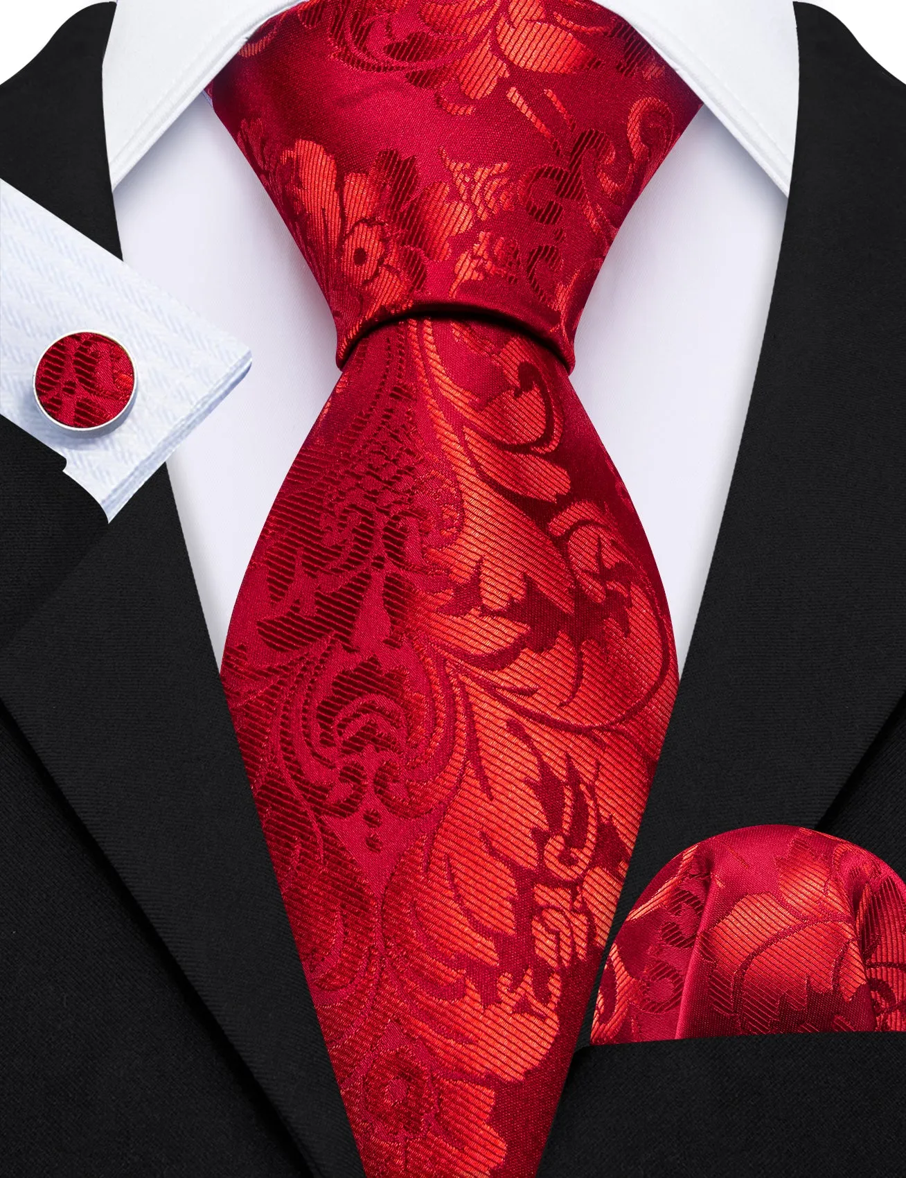 Barry.Wang Red Tie Bright Floral Men's Silk Tie Hanky Cufflinks Set sold by Barrywang product image thumbnail 2