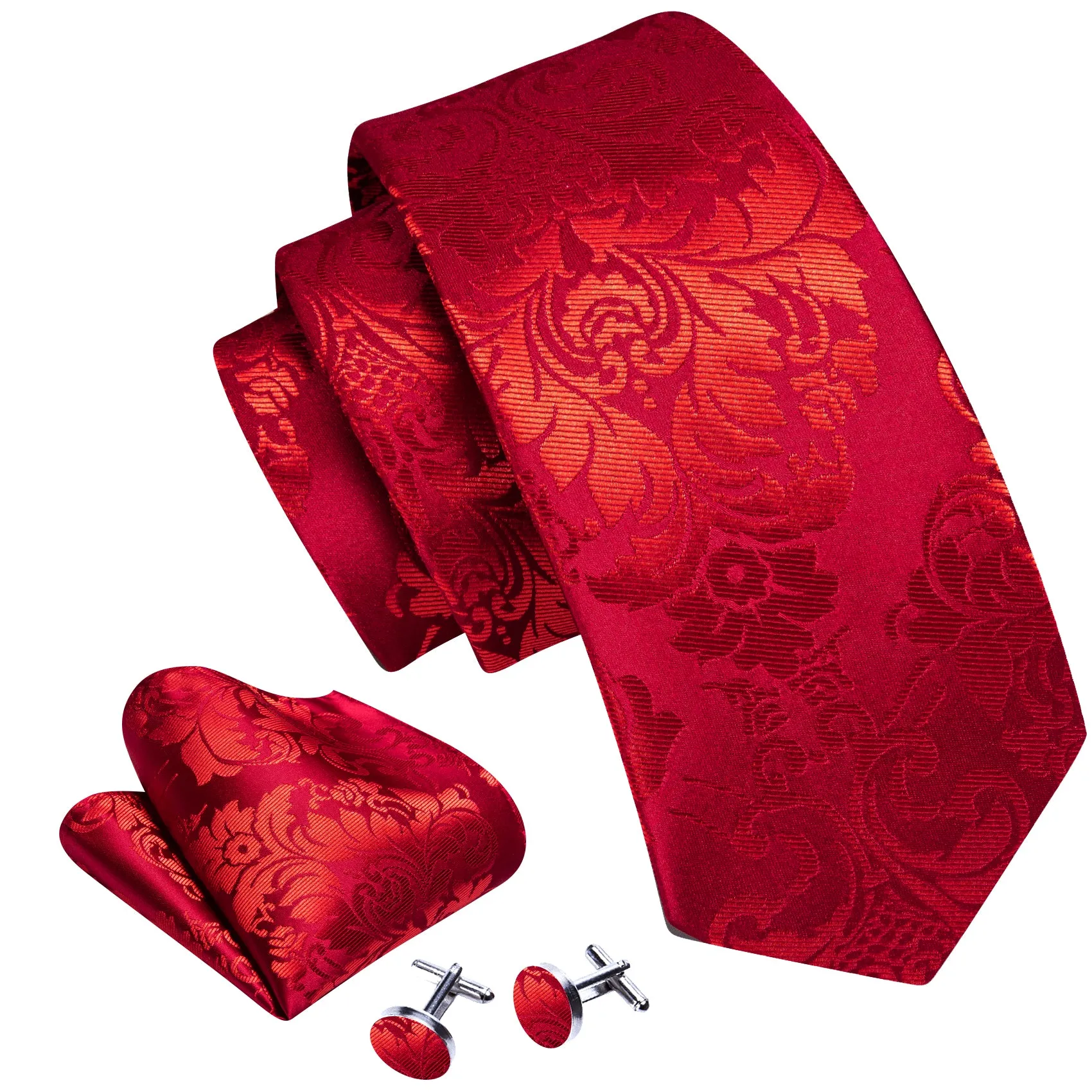Barry.Wang Red Tie Bright Floral Men's Silk Tie Hanky Cufflinks Set sold by Barrywang product image thumbnail 4