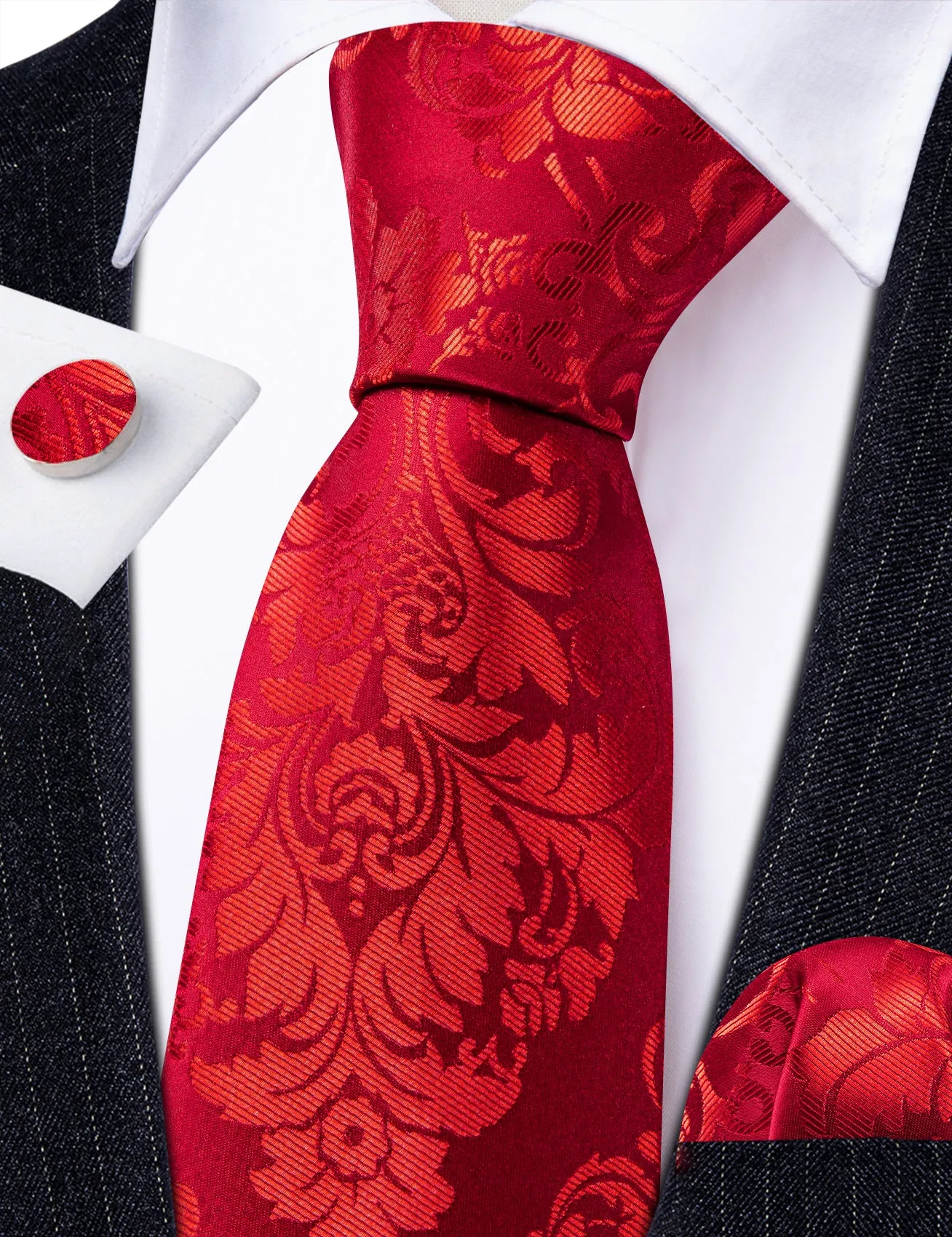 Barry.Wang Red Tie Bright Floral Men's Silk Tie Hanky Cufflinks Set sold by Barrywang product image thumbnail 3