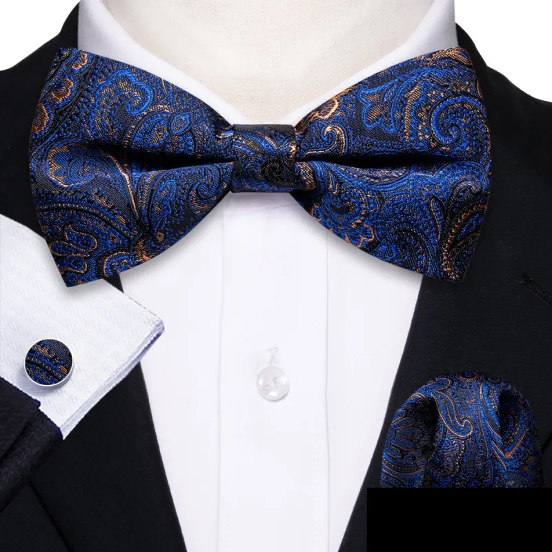 Barry. Wang Blue Brown Paisley Pre-tied Men Bow Tie Hanky Cufflinks Set sold by Barrywang