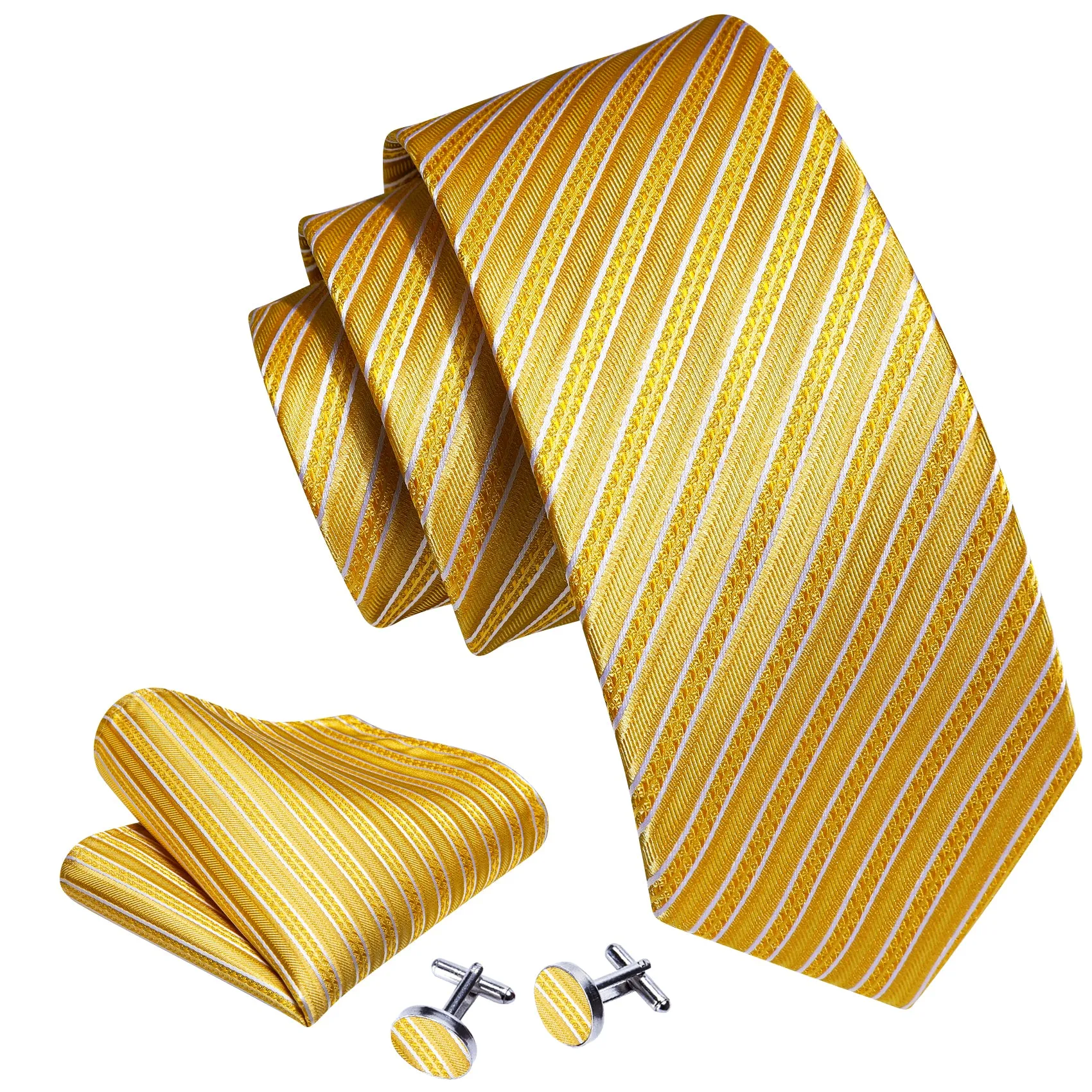 Barry. Wang Yellow White Silk Striped Tie Pocket Square Cufflinks Set sold by Barrywang product image thumbnail 4