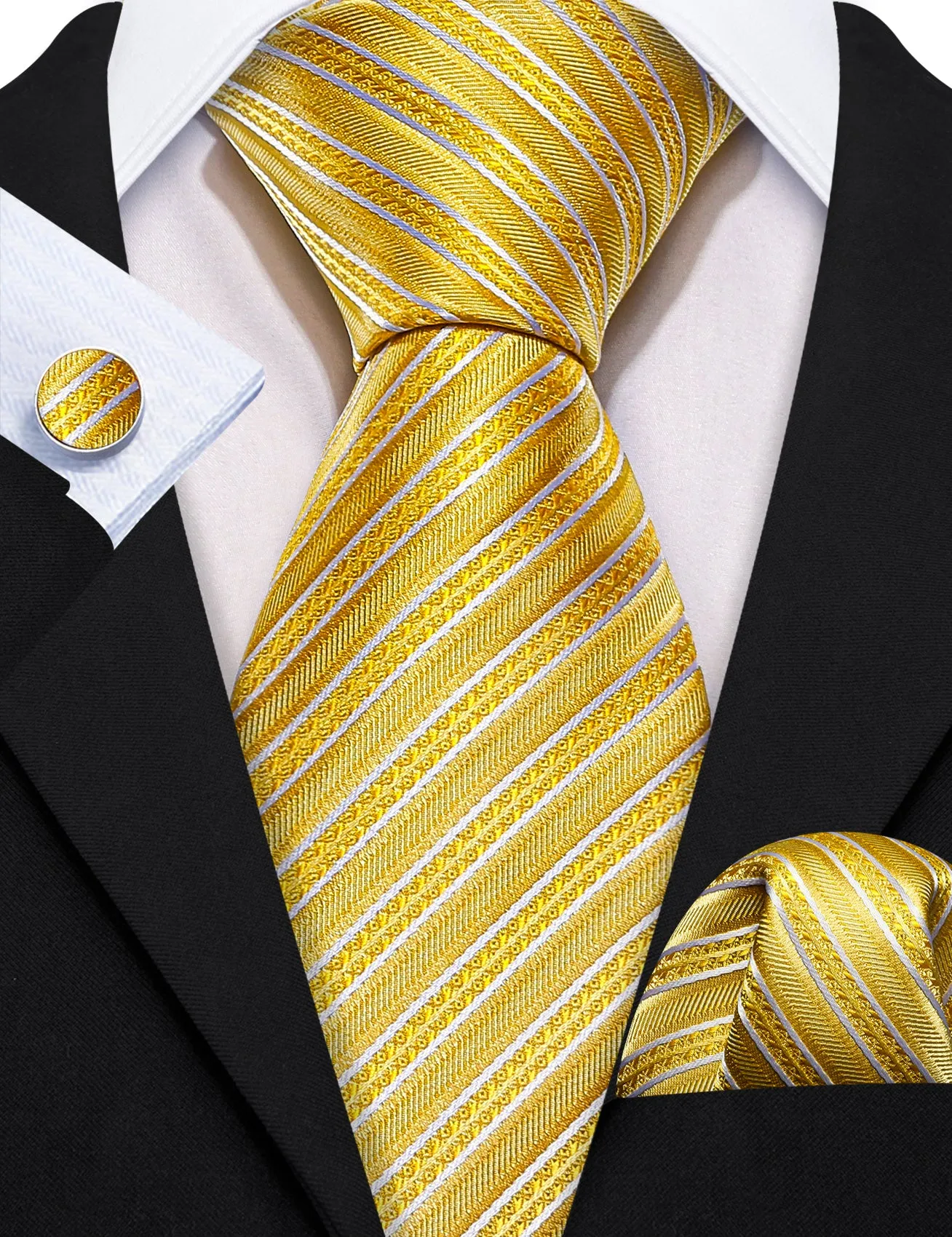 Barry. Wang Yellow White Silk Striped Tie Pocket Square Cufflinks Set sold by Barrywang product image thumbnail 2