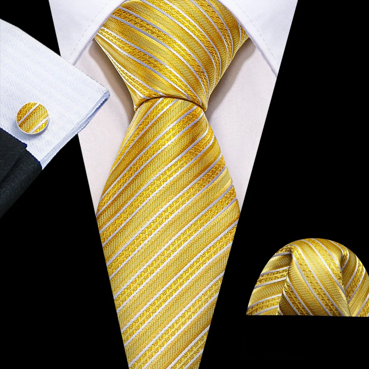 Barry Wang Yellow White Silk Striped Tie Pocket Square Cufflinks Set sold by Barrywang