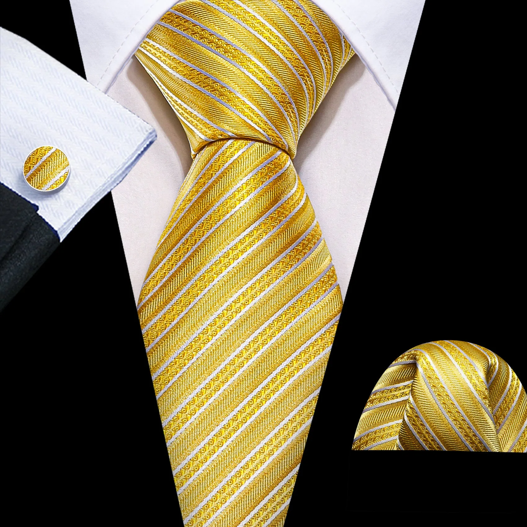 Barry. Wang Yellow White Silk Striped Tie Pocket Square Cufflinks Set sold by Barrywang